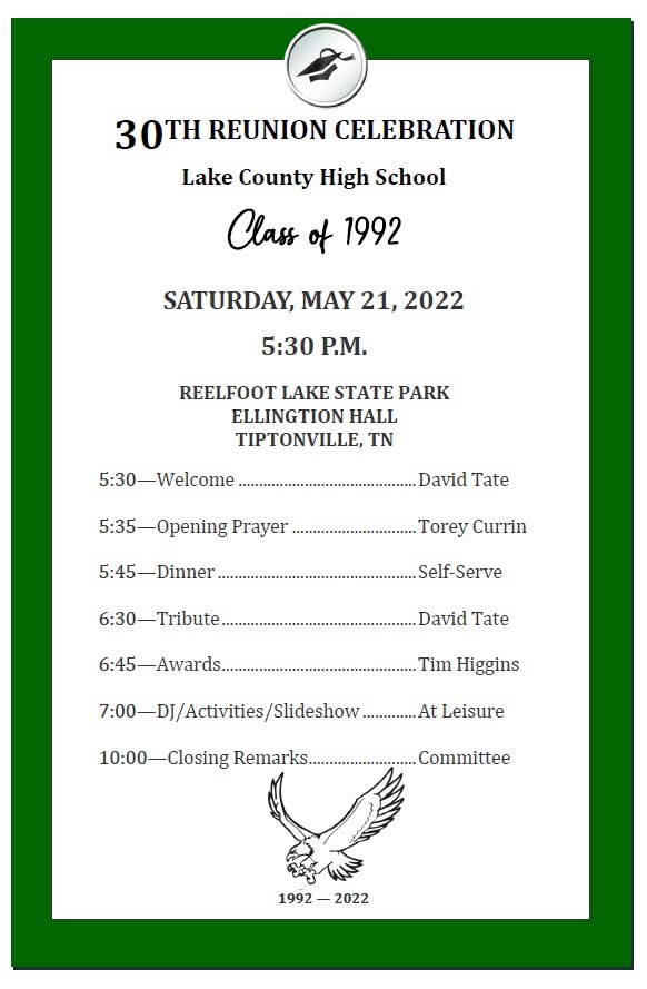 30th Reunion Itinerary